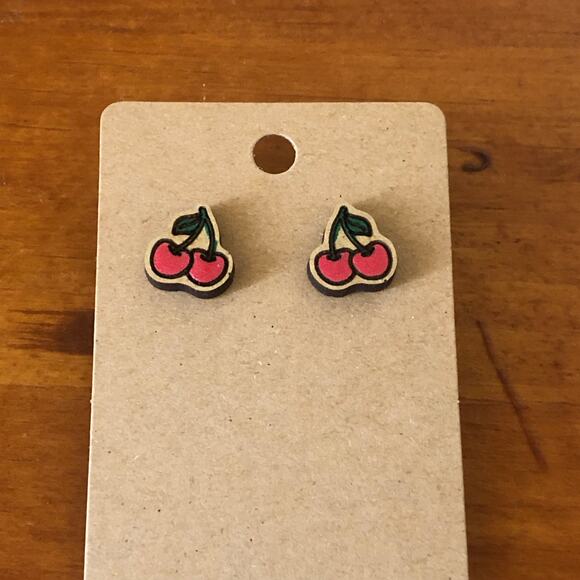 Hand Painted Red Cherry’s Stud Earrings Hypoallergenic Lightweight Posts - Picture 3 of 6